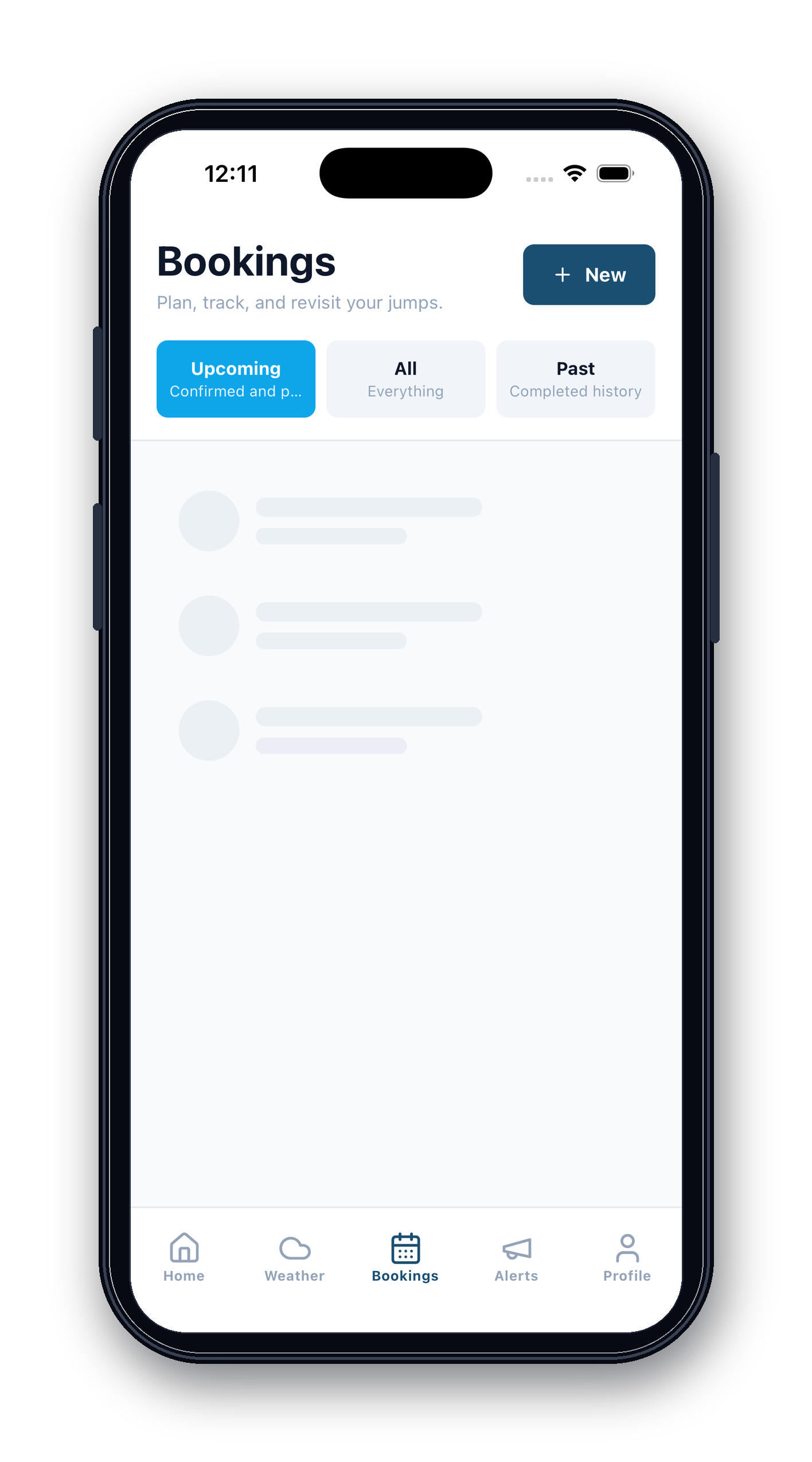 SkyLara mobile bookings screen iPhone mockup.