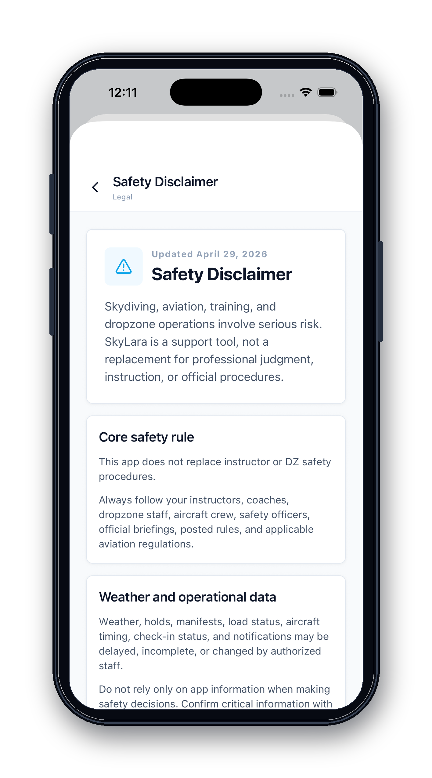 SkyLara mobile safety disclaimer iPhone mockup.