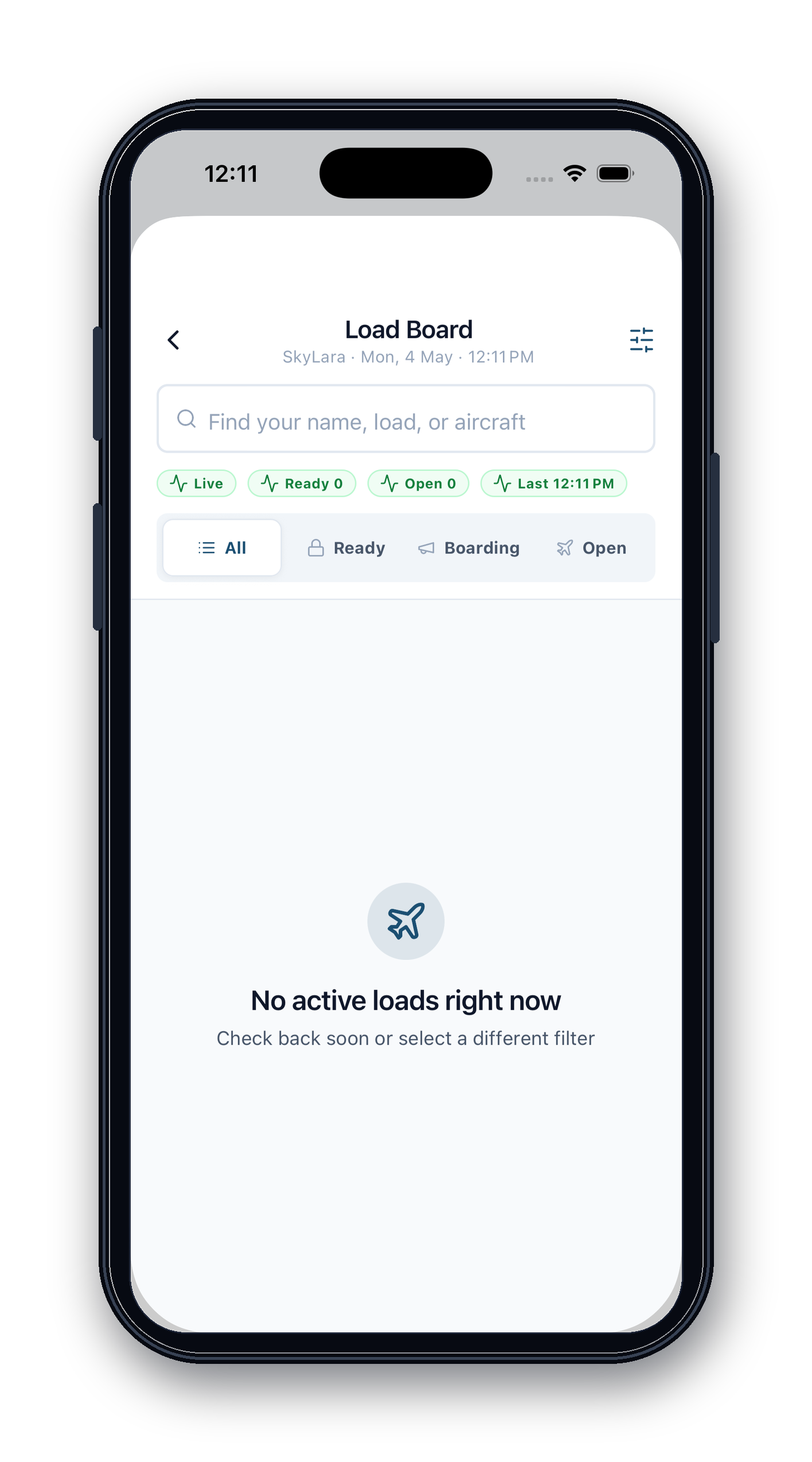 SkyLara mobile manifest load board iPhone mockup.