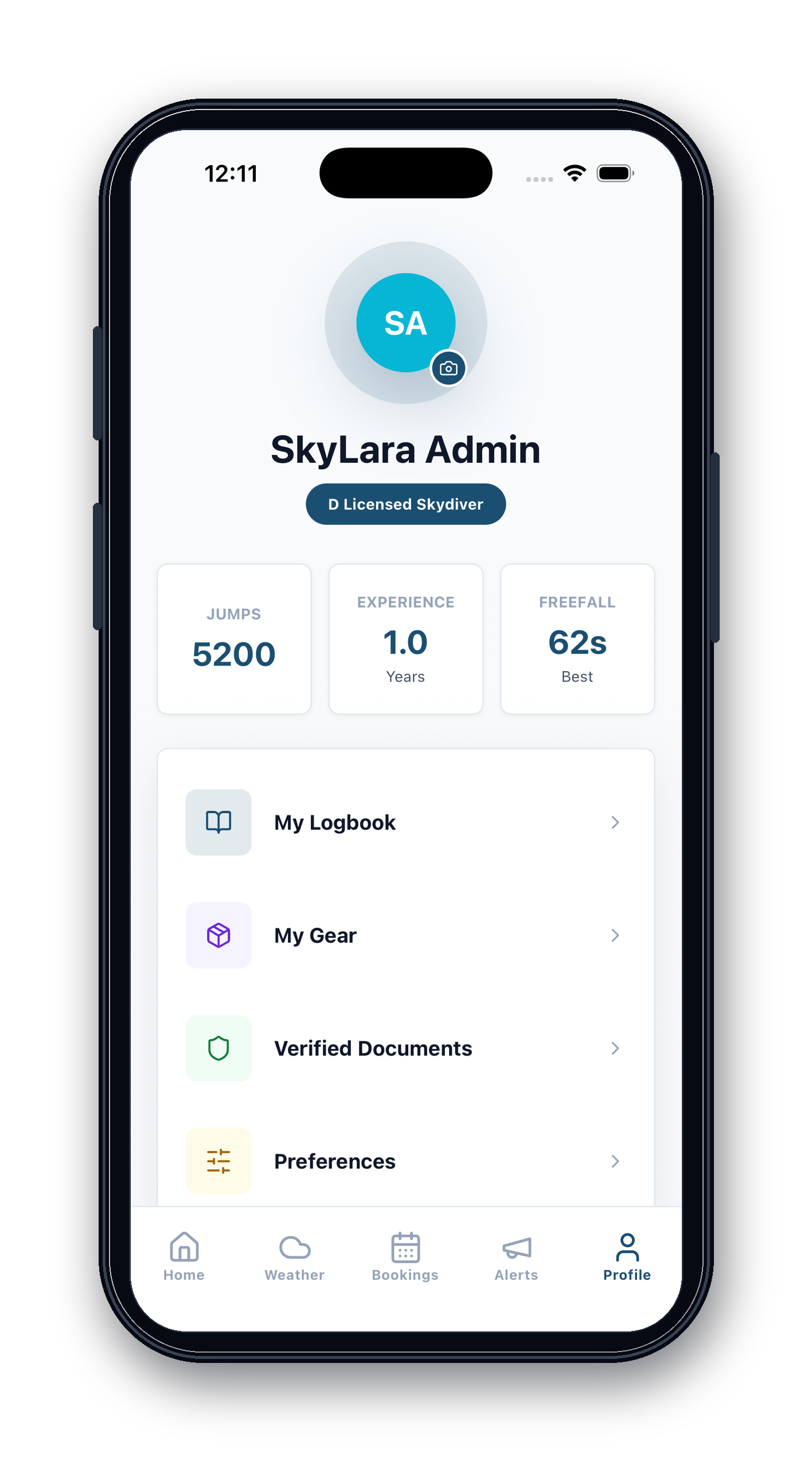 SkyLara mobile profile screen iPhone mockup.
